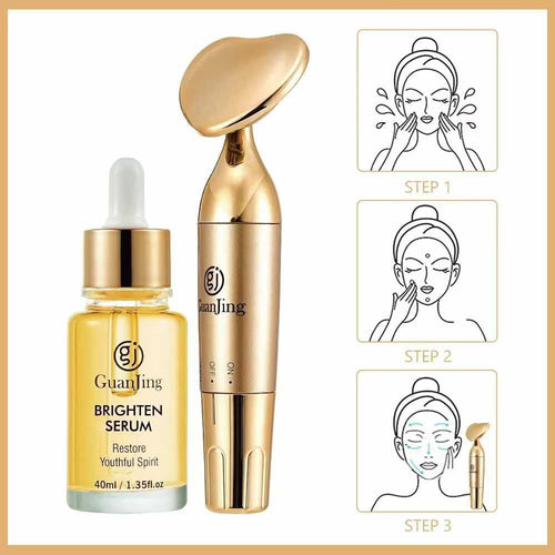 Kit Facial Dorado: Masajeador Eléctrico + Sérum Iluminador Antiarrugas