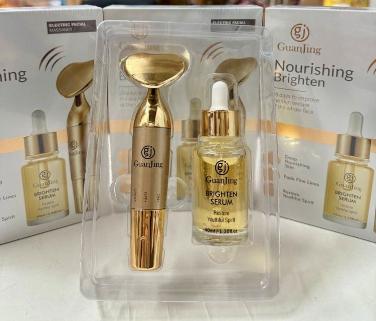 Kit Facial Dorado: Masajeador Eléctrico + Sérum Iluminador Antiarrugas